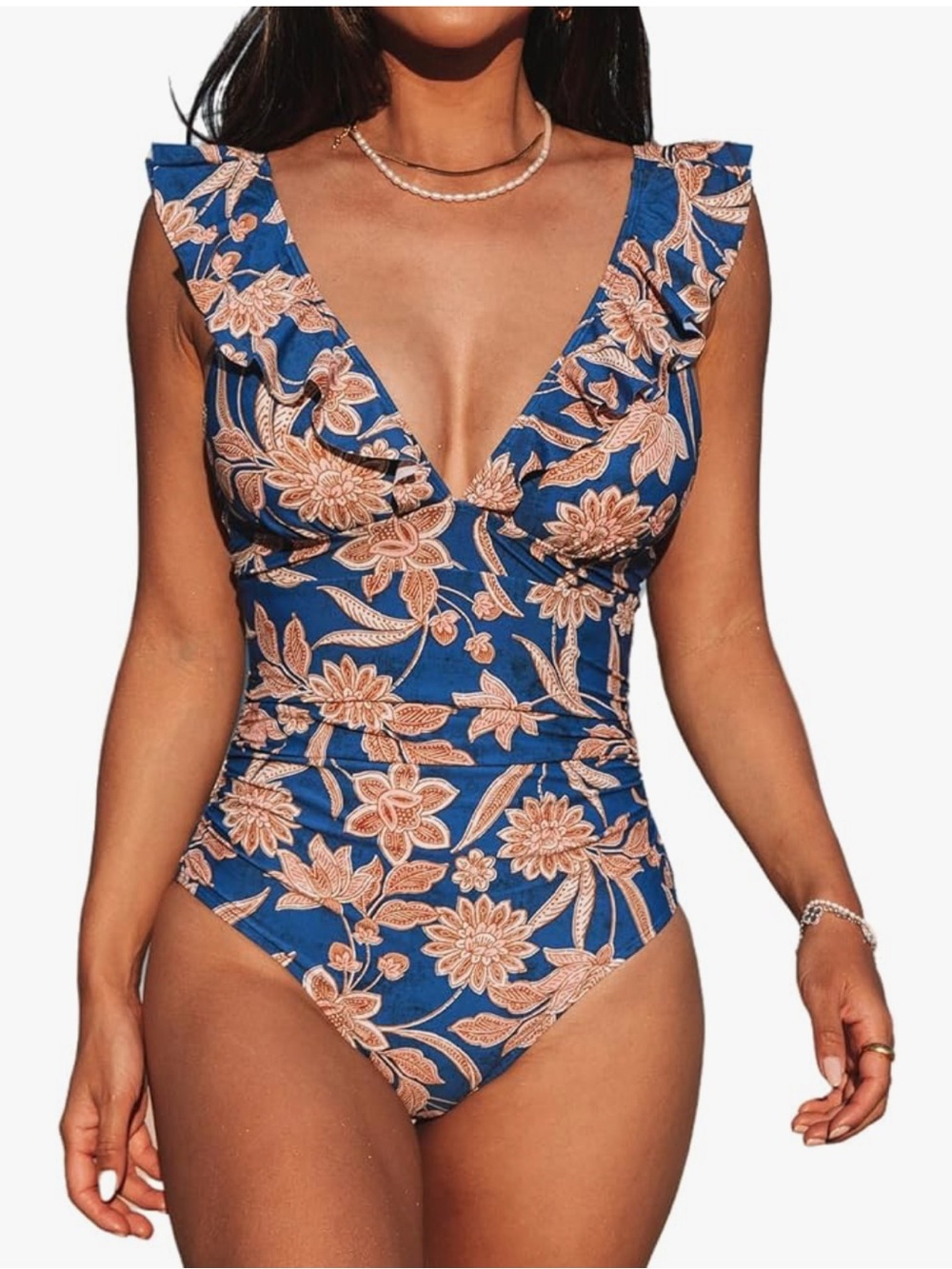 CUPSHE Women's One Piece Swimsuit V Neck Bathing Suit Ruched Tummy